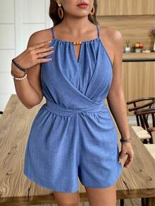 Weeklong 大码女士优雅系带腰身印花连体裤，A字褶皱下摆短裤，适合毕业典礼、节日、情人节、音乐节、母亲节、万圣节、感恩节、复活节、国庆节、舞会、约会、派对、婚礼、户外活动等场合。曲线连体裤，短款连体裤，休闲连体裤，蓝色连体裤，女士吊带连体裤，女士度假套装，女士连体裤，女士连身裤，夏季女士夏季服装，女士连体裤，牛仔连体裤，短款女士连身裤。 - 藍色 - 查看 5