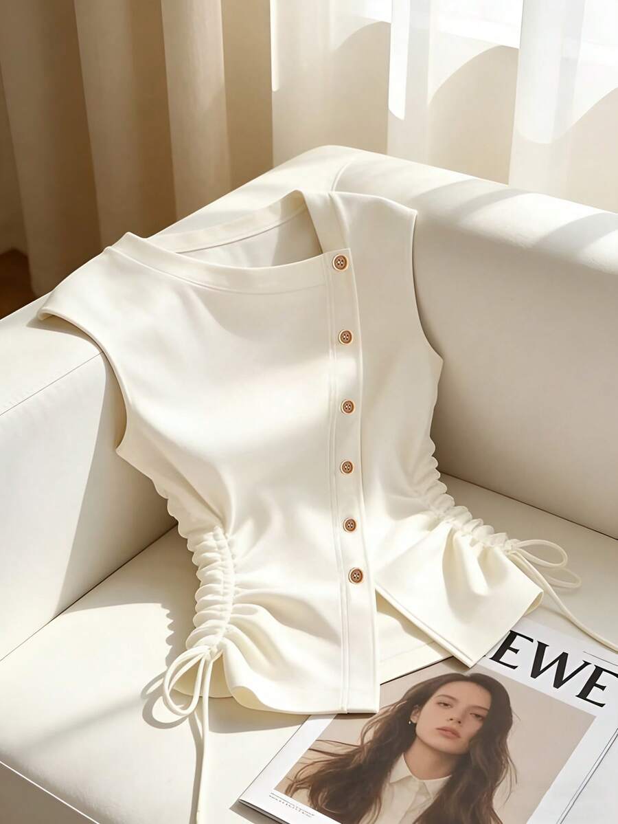 GlowEve 针织不对称领口，纽扣斜襟，落肩袖，配褶裥蝴蝶结，优雅精致的通勤休闲T恤上衣，女士款，白色，夏季 - 白色 - 查看 1