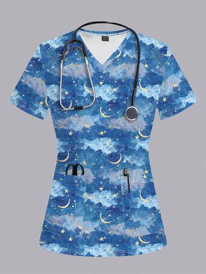 TaskEZ Blusa de uniforme de mujer con estampado de estrellas azul