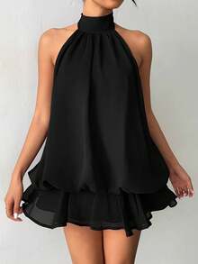 Aloruh 女士优雅浅黄色吊带系带迷你连衣裙 - 黑色 - 查看 4