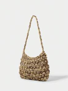 SHECARRY Ladies, Women Shoulder Bag, Hobo Bag, Fashionable, Elegant, Simple, Personalized, Versatile, Classic, Crochet Bag, Orange And Gold, Hollow, For Beach, Vacation, Holiday, Summer, Seaside - Khaki - View 3