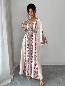 Yasmyna Women's Vintage Square Neck Long Sleeve Waist Cinched Dress, Slimming, Spring/Autumn - Multicolor - View 7