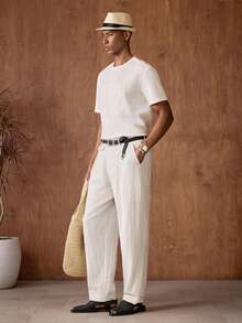 Business Casual AKNOTIC 男士人字纹斜插口袋休闲裤，适合圣诞派对、通勤、商务场合、送给男友的礼物、节日之选。男士亚麻褶裥裤，男士沙滩装，白色/米色男士亚麻裤，米色男士裤。 - 白色 - 查看 6