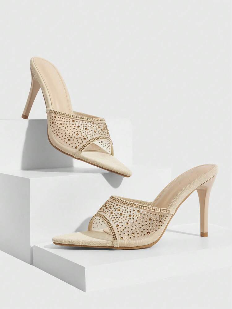 CUCCOO SZL Women Shoes Summer New Apricot Mesh Rhinestone Women's High-Heeled Sandals Fashion Gorgeous Sexy Party Women's Sandals Slippers Spring Shoes Prom Heels