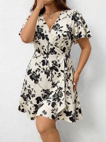 Breezaya Damen elegantes, lässiges Kleid mit Blume Muster, Kurzarm, V-Ausschnitt, Bindung in der Taille, Rüschensaum - Aprikosenfarben - Übersicht 3