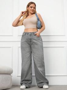 EURMUSE 100%Cotton Plus Size Belt Details Wide Leg Jeans - Grey - View 7
