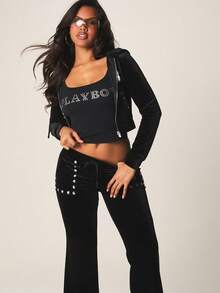 Missguided x Playboy Weite Bein Samt Jogginghose mit Nieten Details und Hasen Logo elastischem Bund Kordelzug Palazzo Sweathose - Schwarz - Übersicht 5