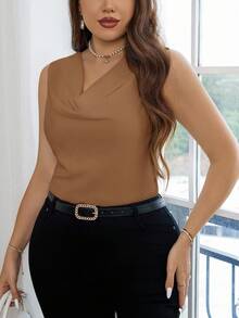 SHEIN Privé Áo kiểu dáng thanh lịch, cổ khoét sâu, không tay, ôm sát, cỡ lớn, thích hợp cho tiệc tùng và hẹn hò, mùa xuân/hè. - Lạc đà - Xem 4