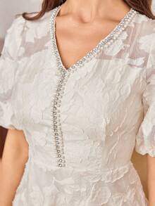 Modelyn 女士V领珍珠装饰泡泡袖提花杏色连衣裙 - 杏色 - 查看 5