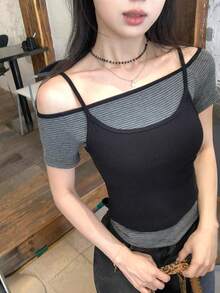 DAZY 女士叠层系带露背短袖T恤，时尚性感修身两件套百搭上衣 - 深灰色 - 查看 6