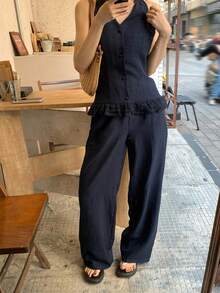 DAZY 春夏修身荷叶边无袖背心开衫上衣搭配直筒休闲裤套装，优雅通勤、浪漫约会、海滩度假皆宜 - 藏蓝色 - 查看 3