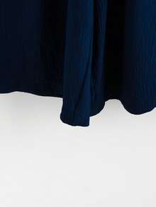 Linhara Plus Size Women Navy Blue 2 Pieces Set,Elegant Summer Vacation Ruffle Sleeve Round Neck Cinched Waist Beaded Shirt & Loose Elastic Wide Leg Pants Set - Blue - View 4