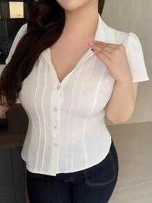 REIGN AVE Plus Size Solid Color Button-Down Collar Shirt, Suitable For Everyday Wear Summer - White - View 6