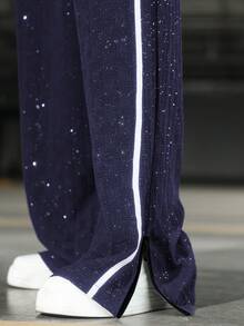 PAVTROS 男士字母图案撞色滚边抽绳腰带裤 男士宽松运动嘻哈裤 男士阔腿侧条纹健身裤 街头风裤子 - 藏蓝色 - 查看 3