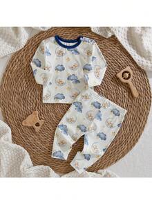 Loomiva 新生儿男女宝宝卡通熊、月亮和云朵图案针织柔软圆领长袖上衣和松紧腰裤两件套 - 彩色 - 查看 3