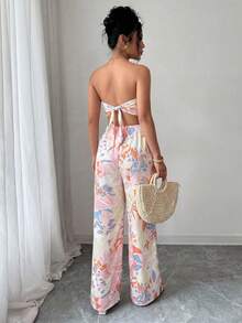 Elenzga 两件套女士抹胸蝴蝶结露脐上衣和印花半裙，优雅浪漫假日套装 - 彩色 - 查看 4