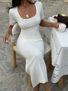 Selianne 女士优雅修身镂空纹理短袖针织连衣裙，春夏款 - 白色 - 查看 1