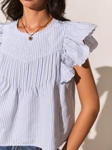 Poéselle 女士圆领短袖荷叶边褶皱条纹蕾丝边衬衫 - 藍色 - 查看 3