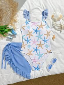 SHEIN Tween Girls Cute Bow Print Shoulder Strap Ruffle Trim One-Piece Swimsuit, Suitable For Swimming, Vacation, Beach In Summer - Blue - View 3