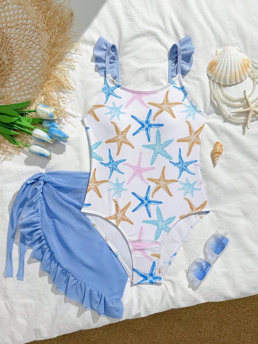 SHEIN 少女可爱蝴蝶结印花肩带荷叶边连体泳衣，适合夏季游泳、度假、海滩穿着 - 藍色 - 查看 1