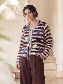 Anewsta Cárdigan con cierre delantero de corbata, con patrón de rayas y ribete de contraste con motivos de vida marina - Multicolor - Ver 3