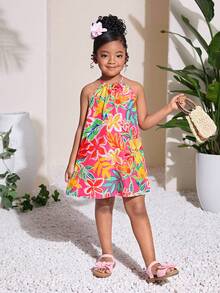 年轻女孩休闲度假露背印花连衣裙 - 橘色 - 查看 3