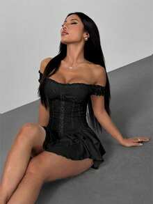 SHEIN PETITE 女士白色褶皱提花腰部拼接荷叶边露肩层叠荷叶边A字雪纺迷你连衣裙，优雅适合派对和年轻女孩穿着，白色束身连衣裙，白色迷你连衣裙，白色派对服装，束身连衣裙 - 黑色 - 查看 8