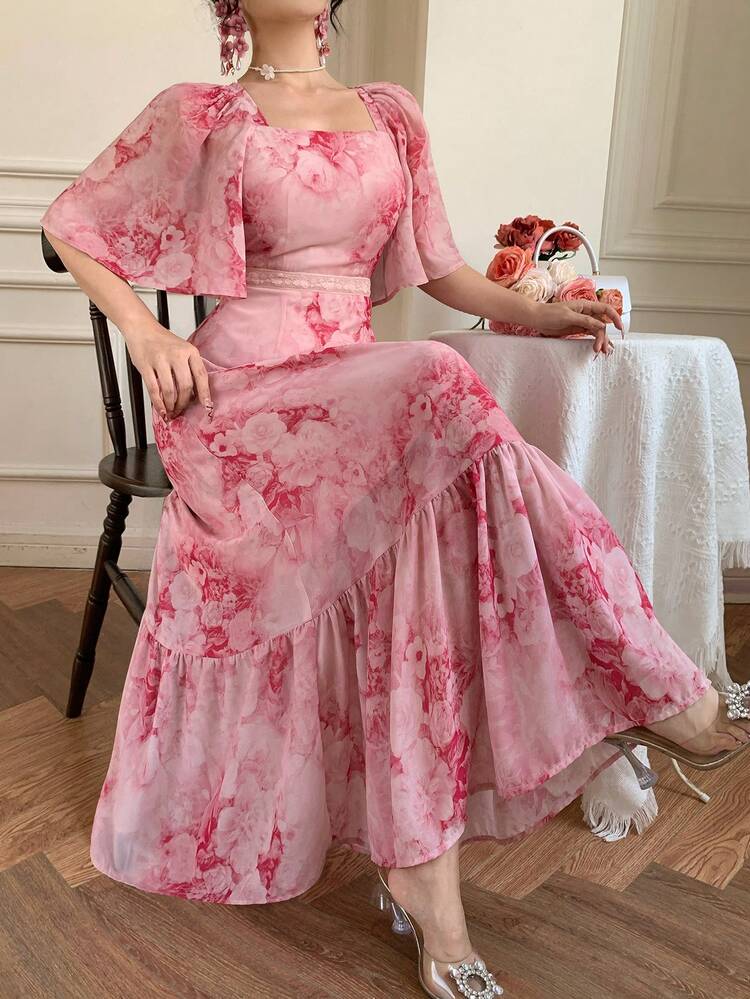 Women's Elegant Floral Print Square Collar Lace Patchwork Ruffle Sleeve Dress, Summer, Wedding Guest Dress Women Dress Sundress