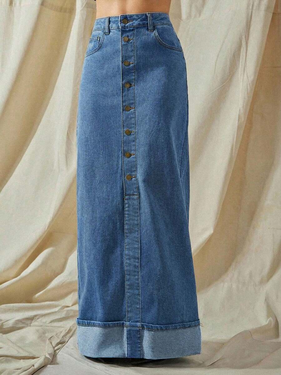 Falda vaquera larga con cintura alta, dobladillo con puños y botones con elástico - Azul lavado medio - Ver 1