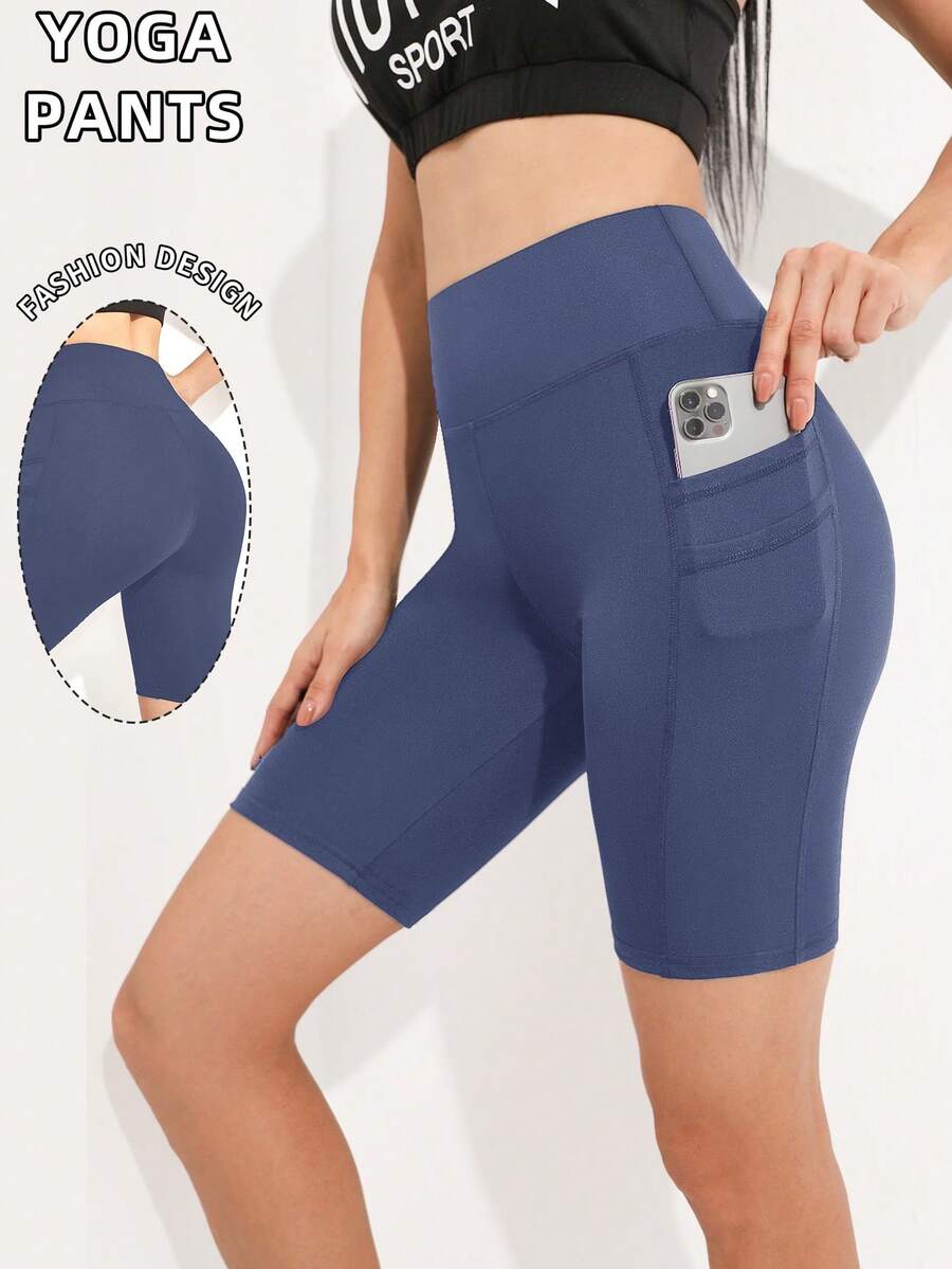 SHEIN Sports 女士极简纯色高腰拼接手机口袋塑形提拉运动短裤 - 藍色 - 查看 1