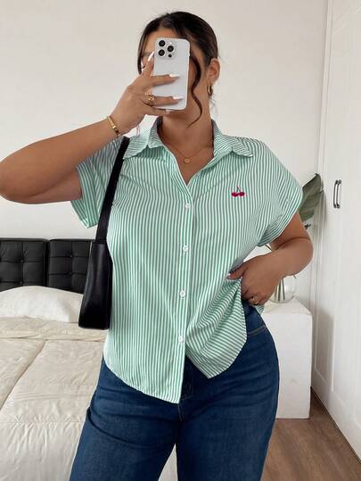 SHEIN Frenchy Plus Size Cherry Striped Single-Breasted Batwing Sleeve Shirt