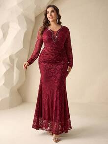 Coutiva Vestido de noche elegante y entallado con cuentas, talla grande - Burdeos - Ver 3