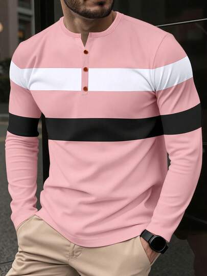 Manfinity Mode Men's Spring And Autumn Casual Color Block Striped Long-Sleeve T-Shirt