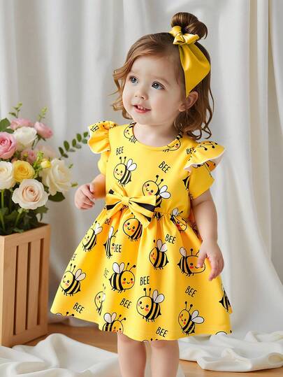 SHEIN Vintaside Kids 2pcs/Set Baby Girls Cute Cartoon Cow Print Bow Decor Short Sleeve Dress & Headband Set, Summer