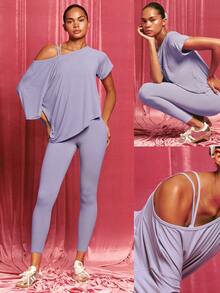 GLOWMODE Modal Silky Smooth Asymmetrical Hem Off-Shoulder 3/4 Sleeve Active Tee T-Shirt Daily Casual Wear - Purple - View 7