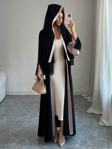 Al Najma Women's Elegant Minimalist Contrast Color Cuff Rhinestone Embellished Long Sleeve Abaya - Black - View 3