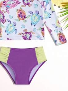SHEIN Young Girls Turtle Print Long Sleeve Top And Contrast Color Triangle Swim Bottom Swimwear Set - Purple - View 6