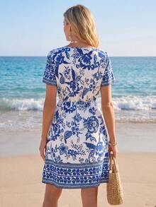 Sylviya Vestido casual de mujer con estampado floral, cuello en V, manga corta y cintura con cordón con borlas - Azul - Ver 2