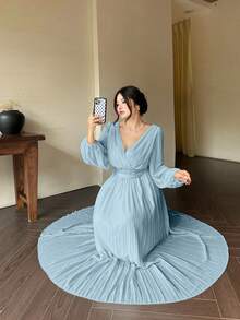 Vibekara 浪漫V领露背长袖连衣裙，飘逸优雅的希腊风格白色女神礼服 - 淺藍色 - 查看 4