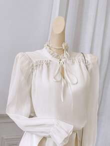 Modelyn New Luxury Elegant Lantern Sleeve Ruffle Beaded Charming Romantic Party Blouse - Apricot - View 4
