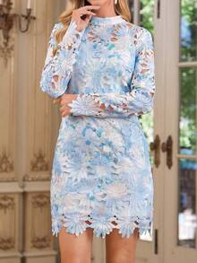 Amorya Women's Mandarin Collar Light Blue Floral Water-Soluble Embroidered Long Sleeve Elegant Mini Dress,Autumn Party Weddings & Events Short Floral Dress - Multicolor - View 6