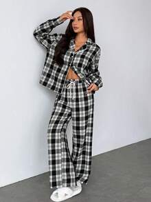SHEIN PETITE Dames Nachtmode Pyjama Set Check Twill Loungewear Women Plaid Two Piece Set Shirt And Pants Set - Apricot - View 4