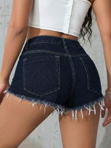 SHEIN PETITE Frayed Ripped Fashion Summer Denim Shorts With Belt Loops - Dark Wash - View 2