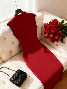 Franclia 女士复古中国风立领单肩搭扣无袖连衣裙，优雅修身红色宴会长裙 - 紅色和黑色 - 查看 2