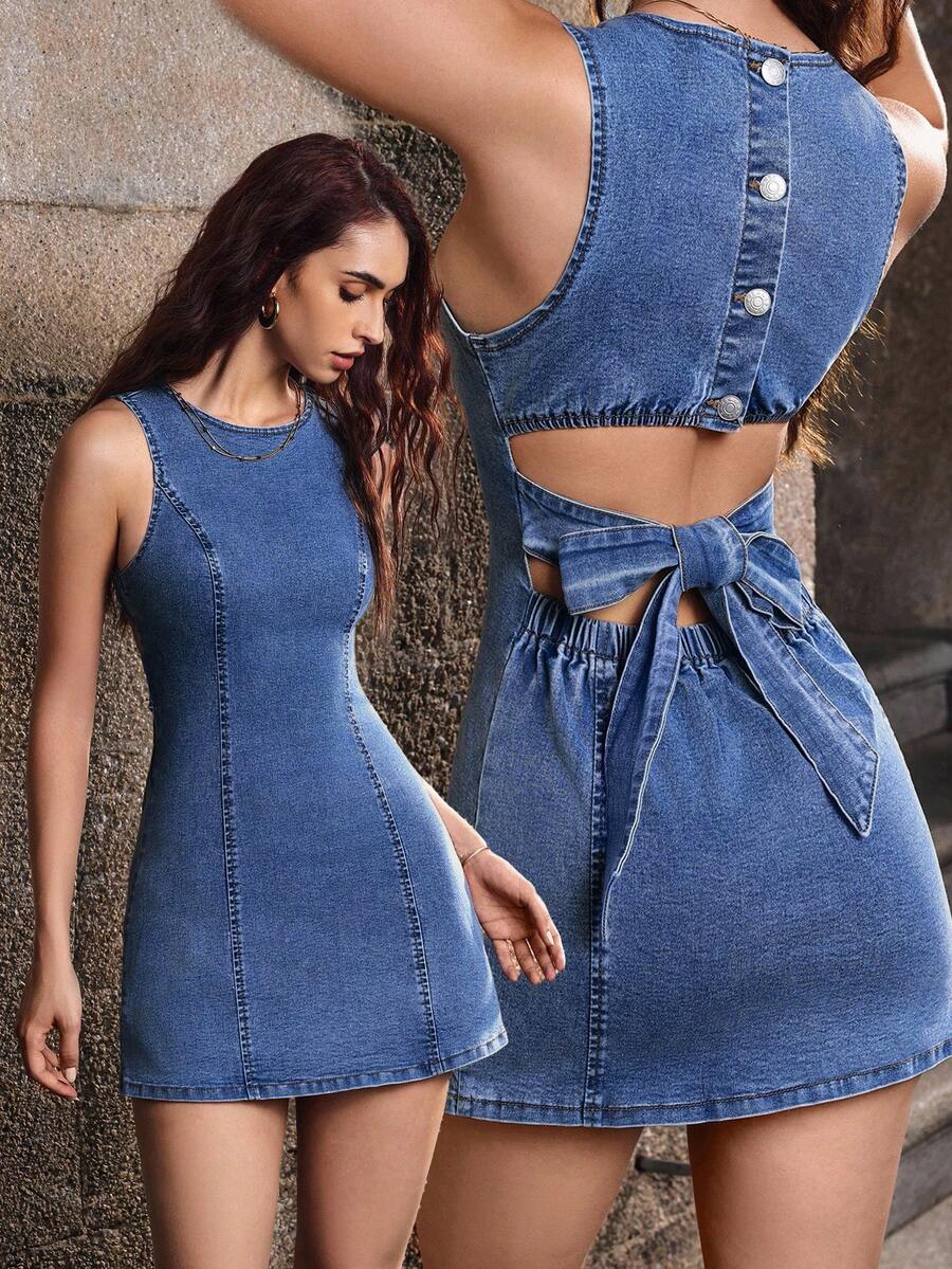 Selenza Women's Solid Color Fitted Sleeveless Crew Neck Hollow Out Denim Dress, Summer - Light Wash - View 1