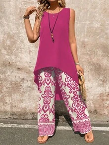 EMERY ROSE 2pcs/Set Paisley Print Sleeveless Top And Wide Leg Pants Set - Hot Pink - View 4