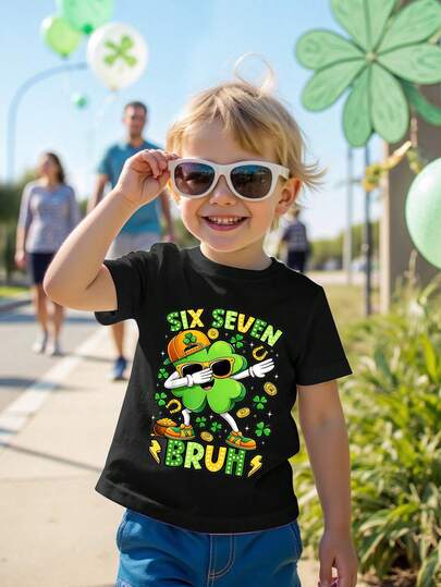 Sombrero de trébol, gafas de sol, moneda metálica, decoración de estrella, camiseta con estampado gráfico de letra brillante, ropa diaria cómoda, estilos frescos y minimalistas para niños pequeños, adecuados para primavera, verano y otoño