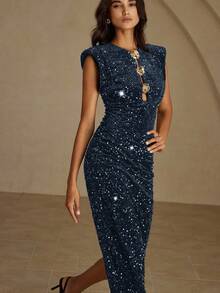 Revavyn Đầm dài sang trọng bằng nhung đính sequin, khóa kim loại rỗng ở eo và vai cách điệu dành cho nữ, thích hợp dự tiệc. - Màu xanh lam - Xem 3