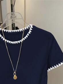 Resyla Camiseta casual de mujer con bordado y ribete de contraste, verano - Negro - Ver 4