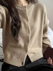 DAZY Áo khoác cardigan dệt kim tối giản, màu trơn, đa năng, phong cách thường ngày dành cho nữ. - Màu Khaki - Xem 4